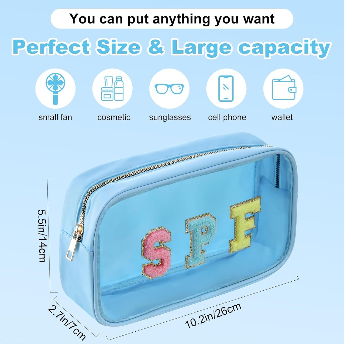 Bolsa cosméticos SPF transparente con chenilla