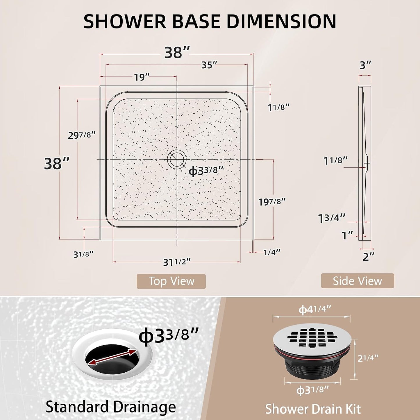 Base ducha 38x38pulg acrílico blanco antideslizante