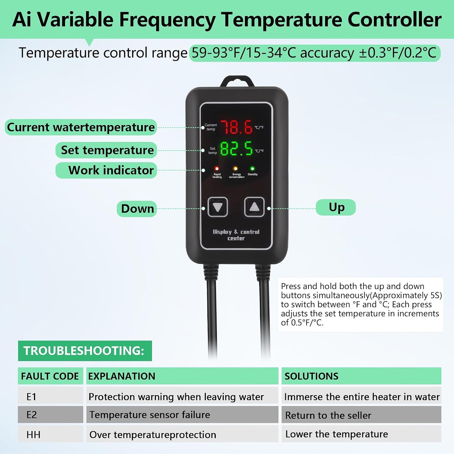 Calentador acuario 300W sumergible tortuga sensor doble