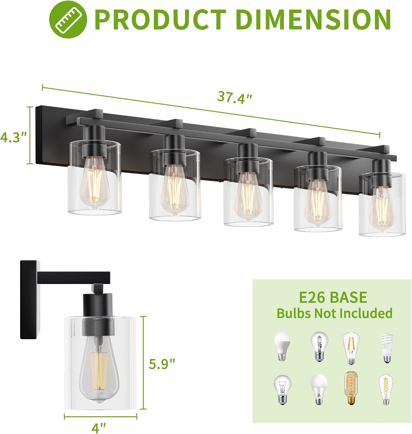 Lámpara tocador baño 5 luces negras vidrio grueso 37pulg moderna