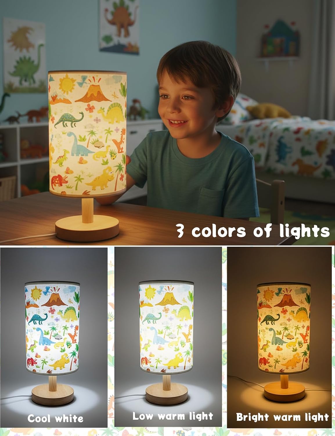 Lámpara Dinosaurio Niños 3 Colores Base Madera Tela Lino