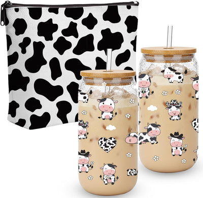 Vaso de vidrio TheClover con estampado de vaca, popote y tapa de bambú