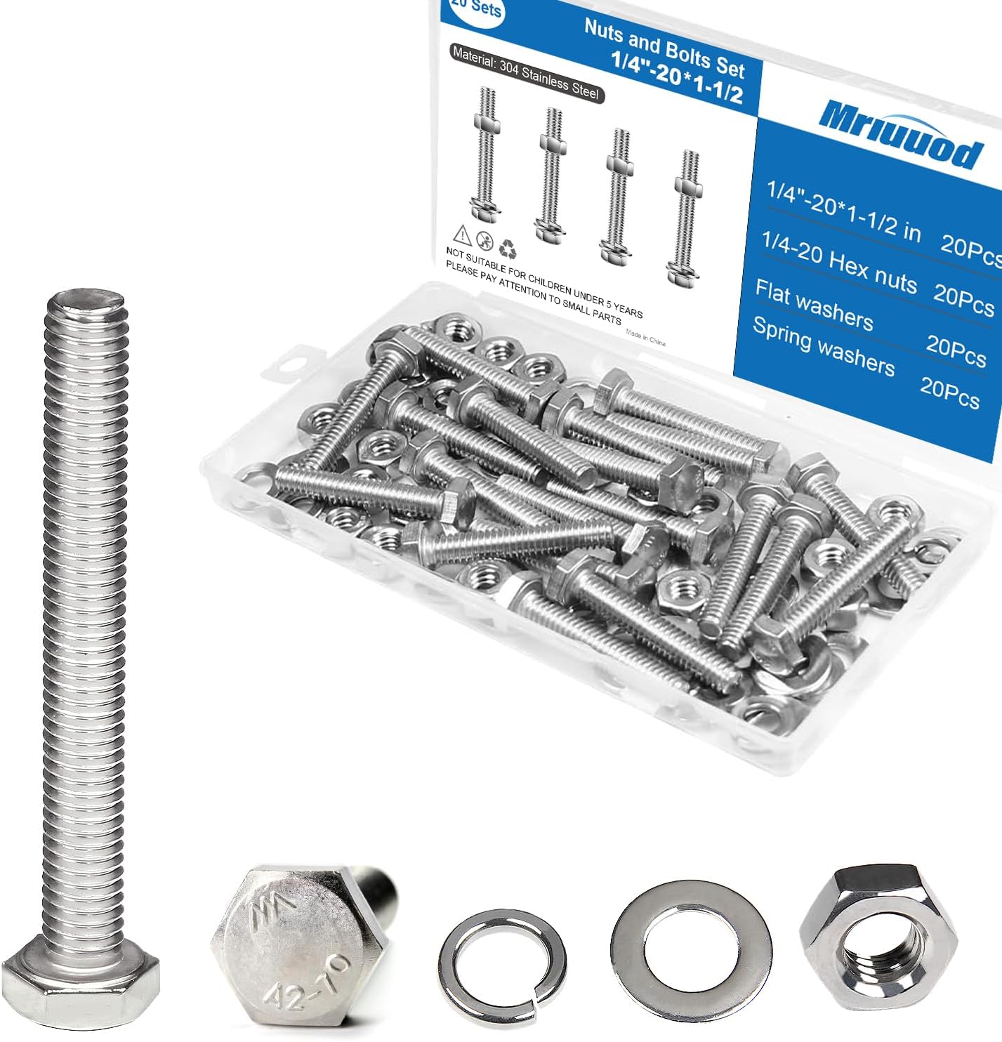 Set 20 Pzas Tuercas y Perros Hex 1/4-20 Acero Inox 304