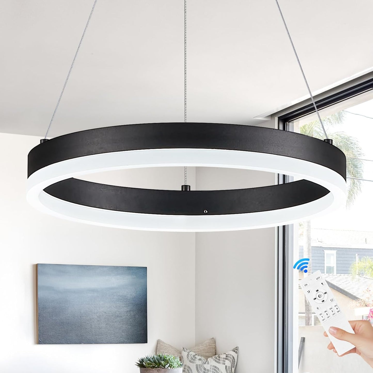 Lámpara araña LED negro comedor sala regulable control remoto D12