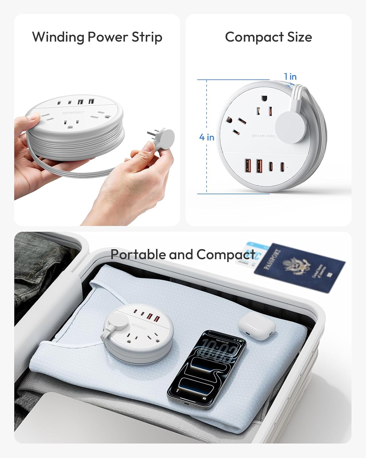 Regleta alimentación viaje 20W 3 tomas 4 puertos USB