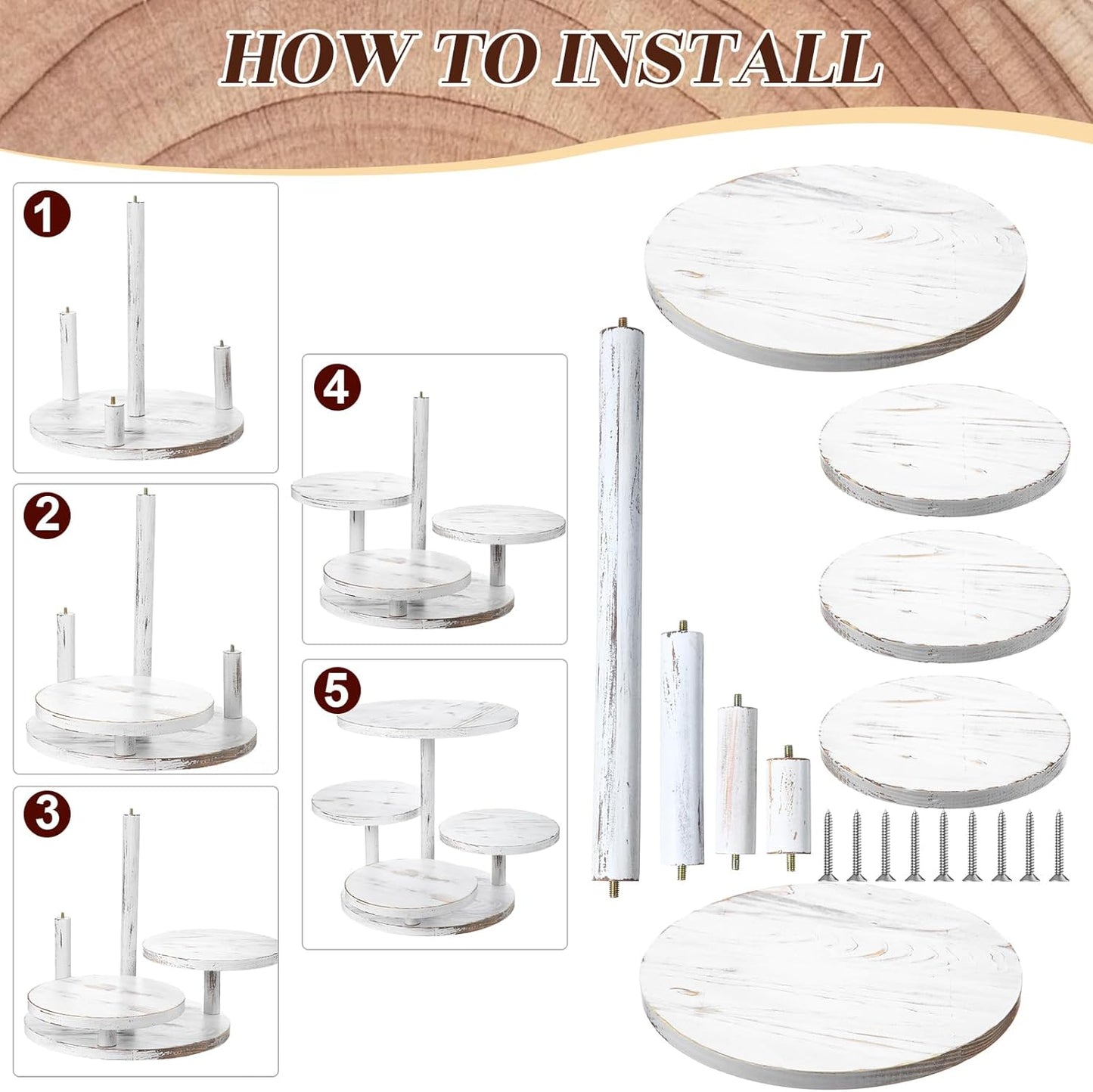 Set 8 Soportes Tartas Madera Rústica Bandeja Escalonada Blanco