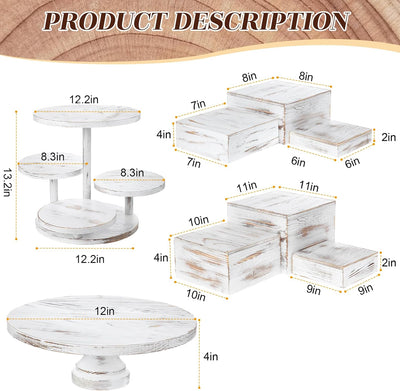 Set 8 Soportes Tartas Madera Rústica Bandeja Escalonada Blanco