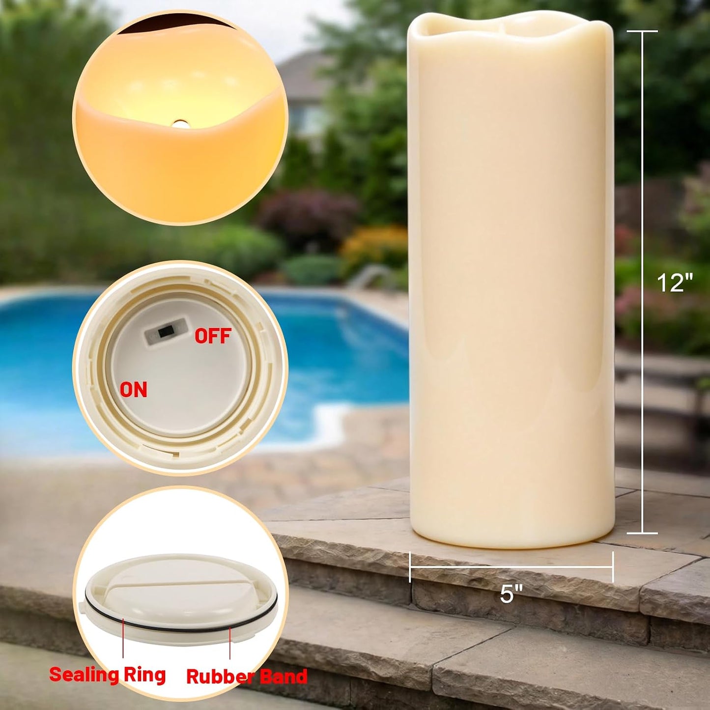 Velas solares impermeables IP65 5x12pulg jardín