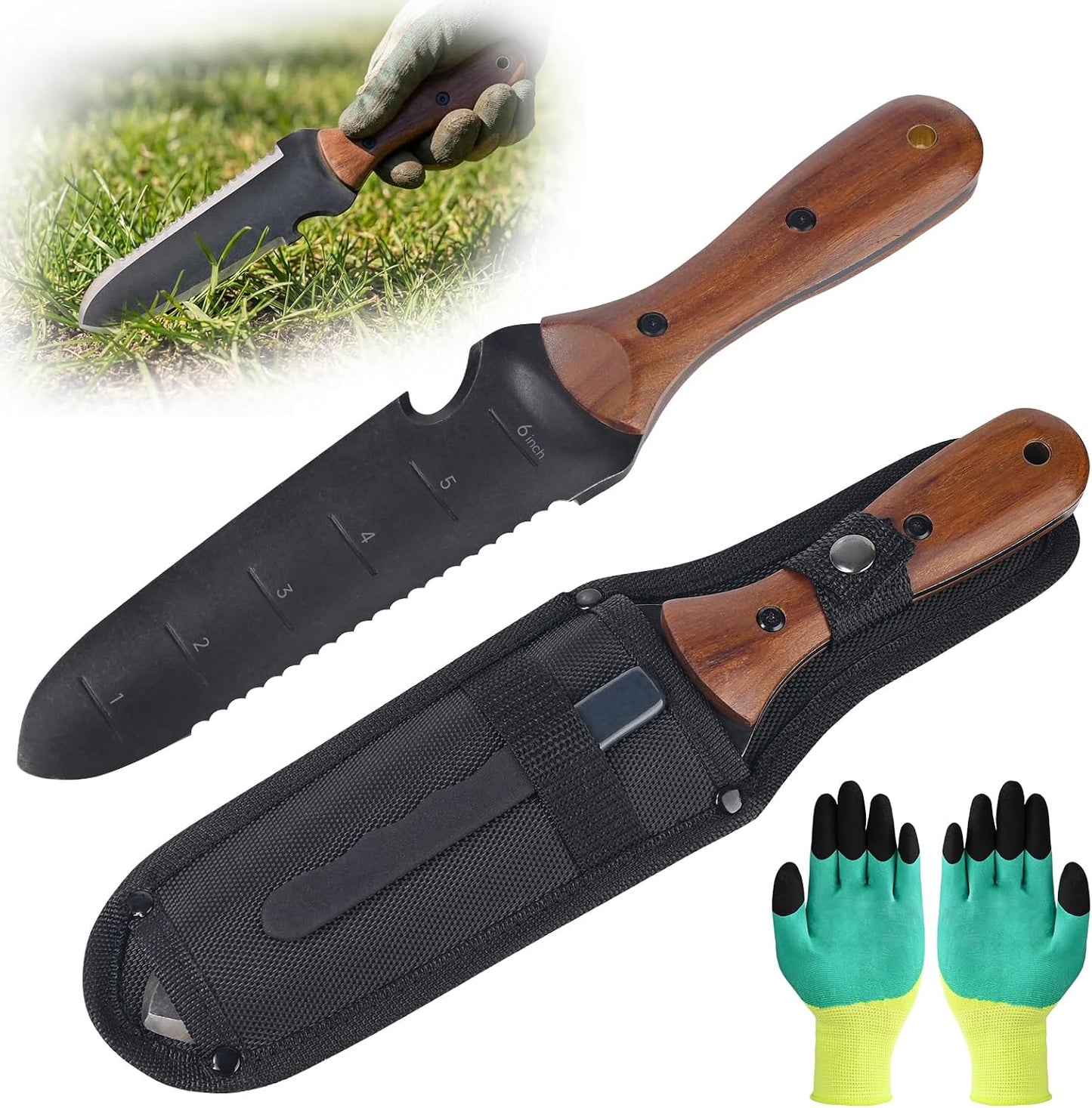Cuchillo jardín acero inox escala medición mango madera