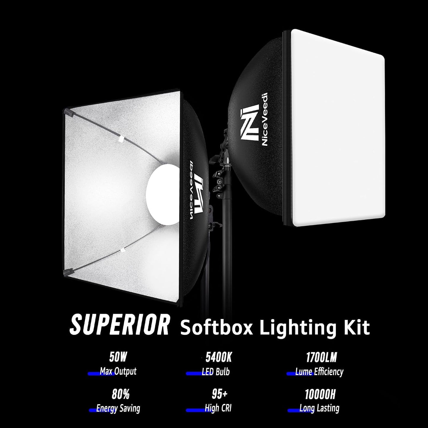 Kit Softbox 2x16x16pulg con trípode 63pulg y bombilla LED 5400K