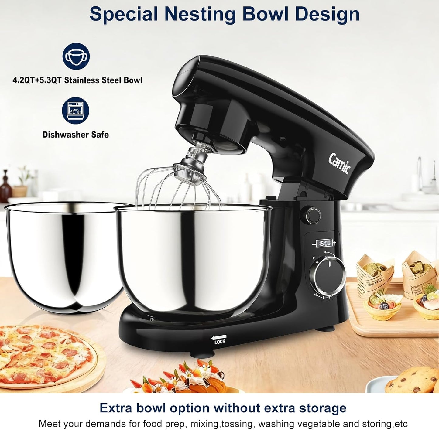 Batidora de pie 4.2-5.3qt 10 velocidades digital 3en1 para hornear