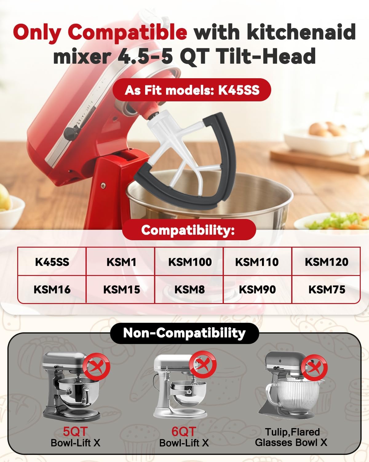 Paleta batidora flexible para KitchenAid 4.5-5 cuartos de galón con soporte inclinable