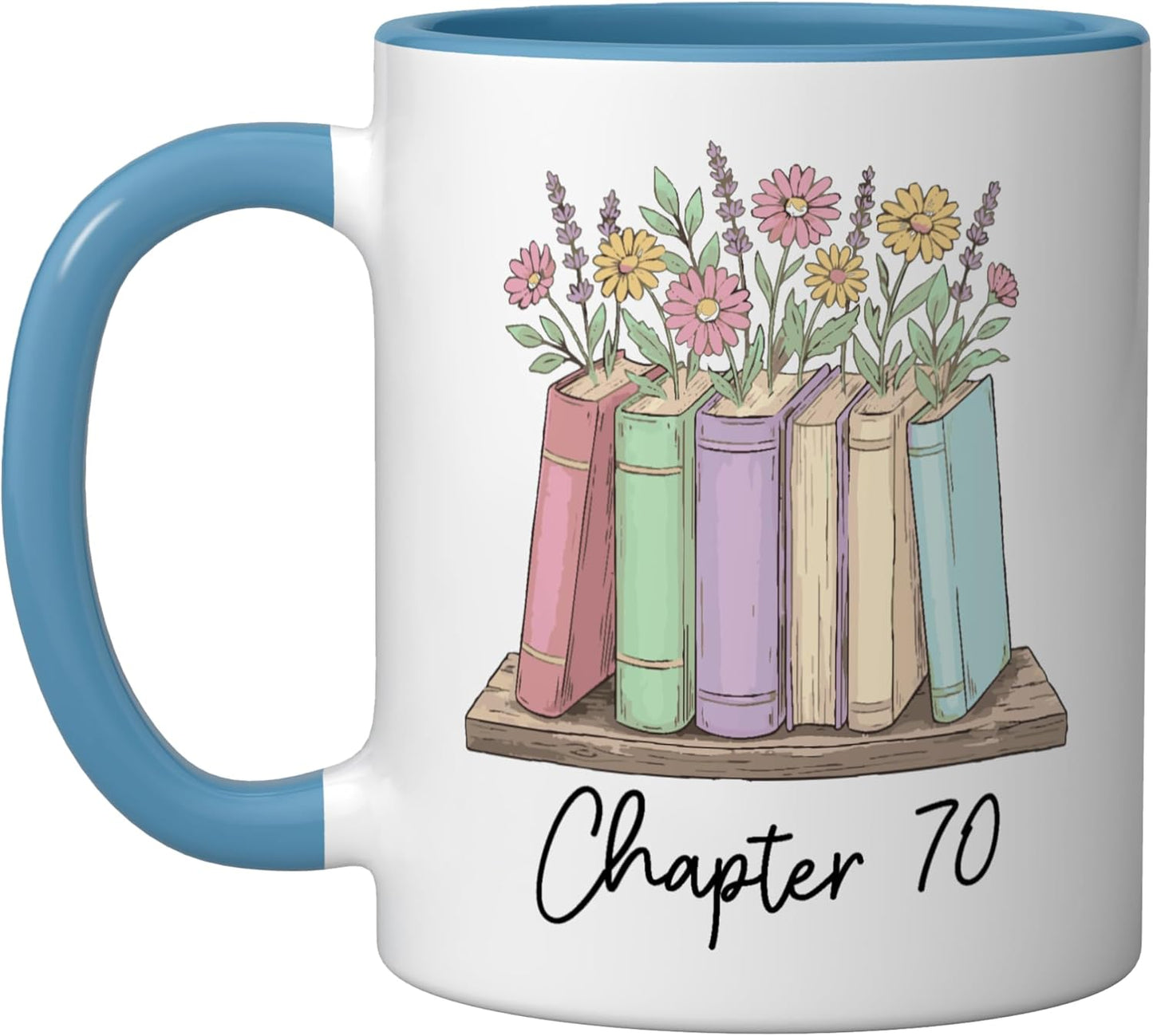 Taza cerámica floreada para amante de libros 70 años
