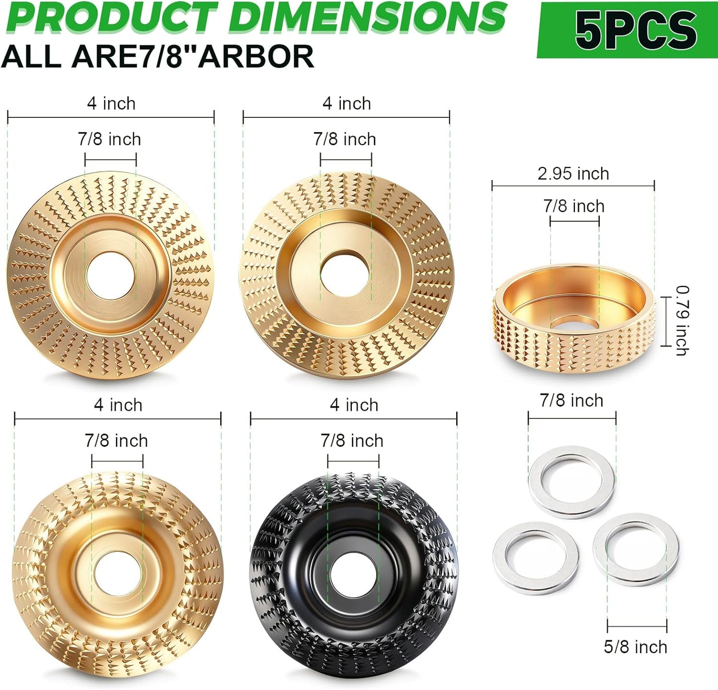 Set 5 Discos Tallado Madera para Amoladora 4 y 4 1/2