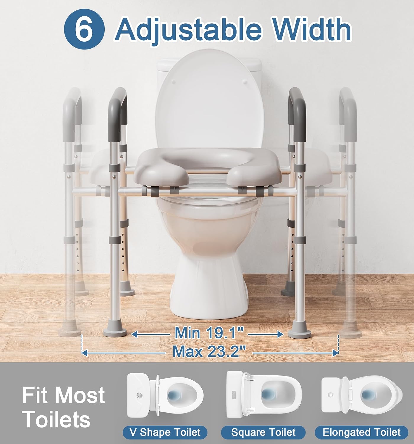 Asiento inodoro elevado con asas ajustables para adultos mayores