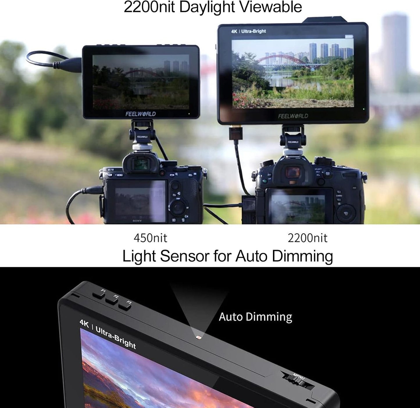 Monitor 7pulg 2200nit LUT DSLR 4K HDMI con kit instalación