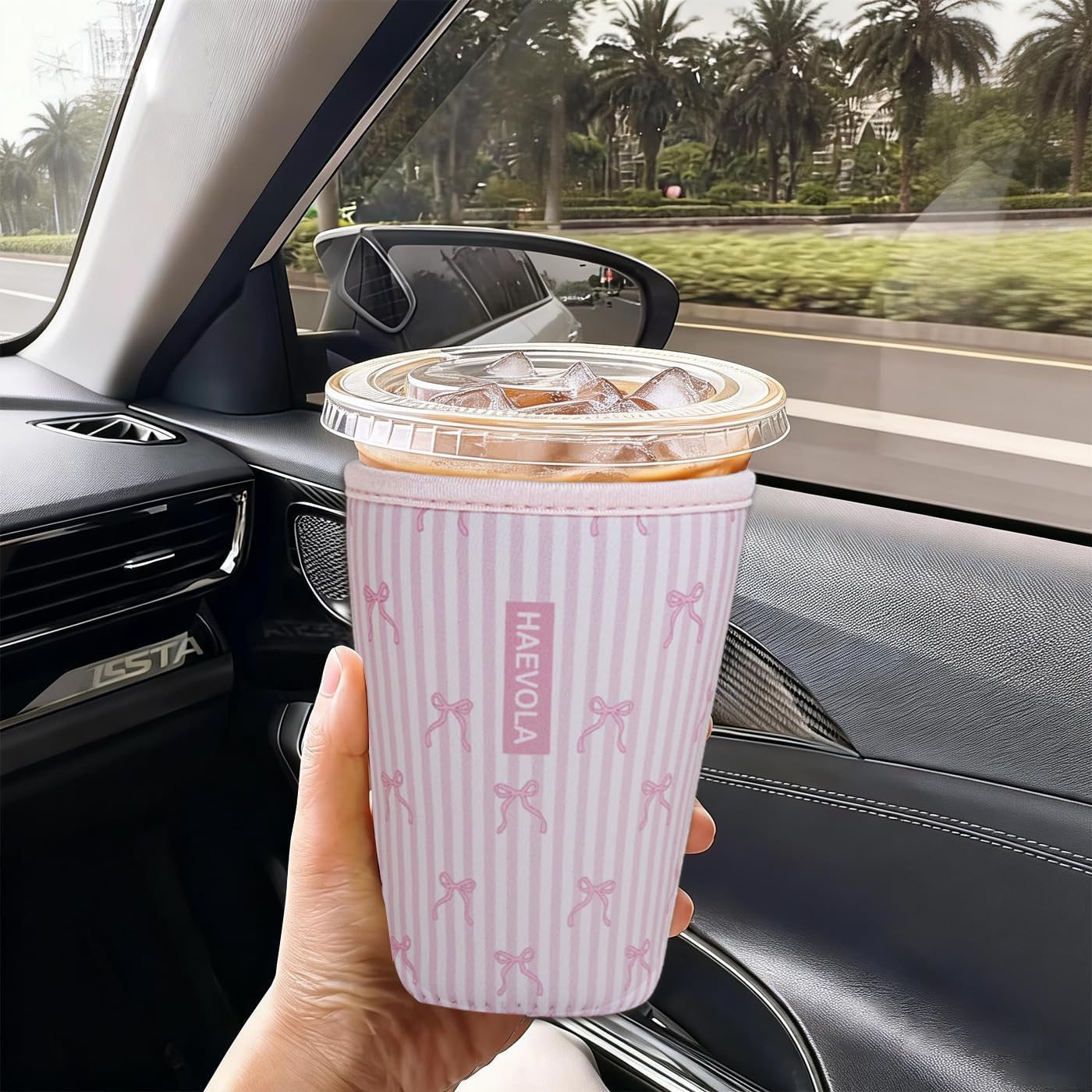 Funda neopreno reutiliz. para taza café helado lazos rosas