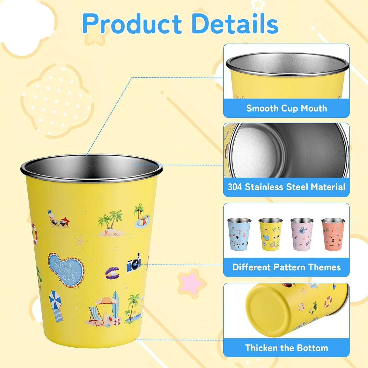 Vasos de acero inoxidable para niños 12 oz con estampados divertidos