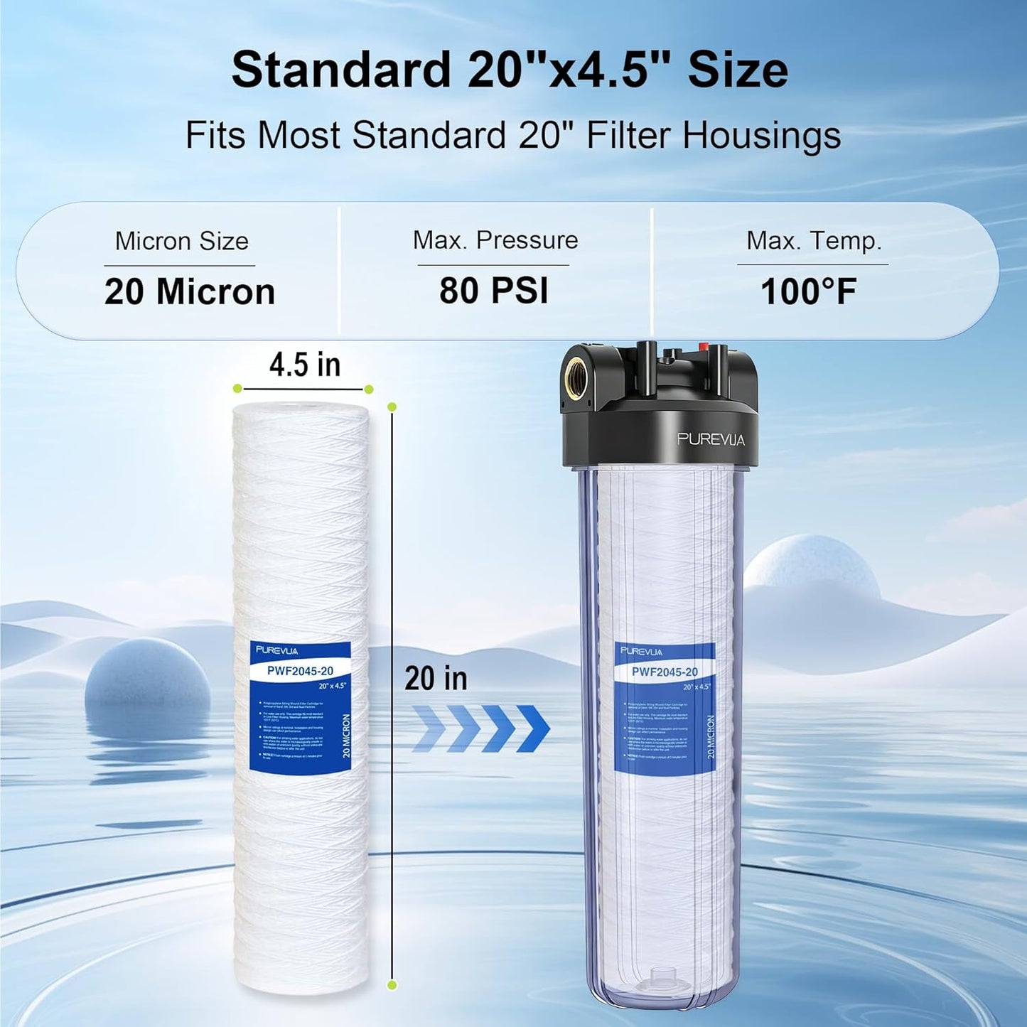 Filtro sedimento cuerda 20micrones 20x4.5pulg para agua de pozo