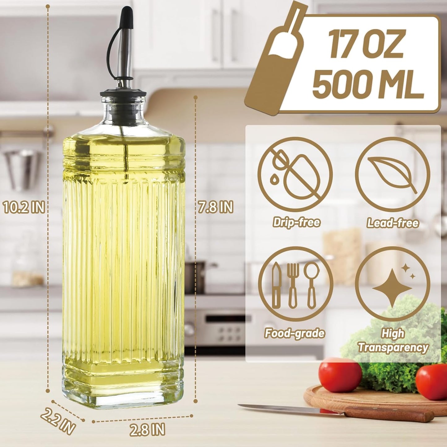 Dispensador de aceite de oliva en vidrio con vertedor de acero inoxidable