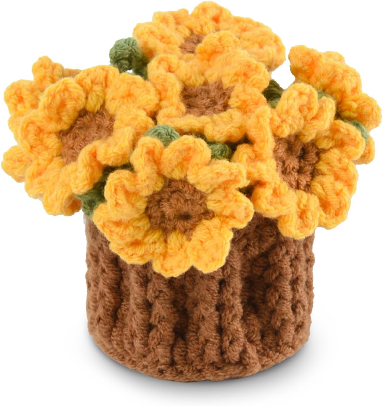Girasol tejido a ganchillo en maceta de algodón con soporte para mesa de café