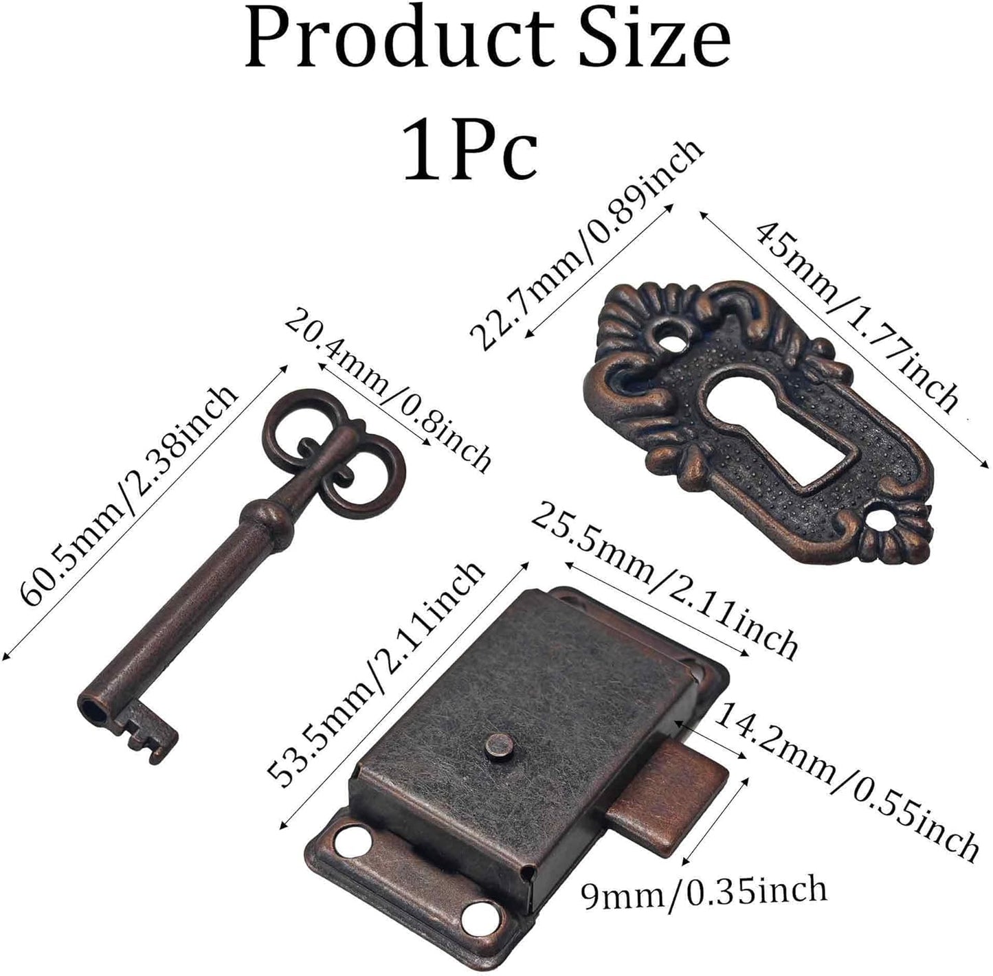 Candado vintage para muebles con llave y tornillos rojo bronce