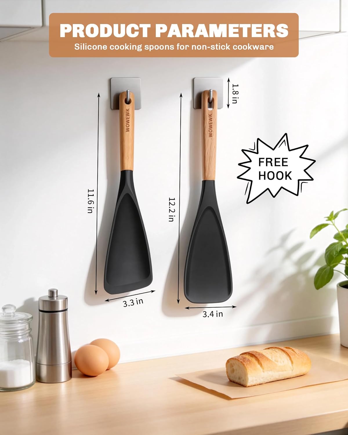 Cucharas de cocina antiadherentes de silicona sin BPA con mango de madera