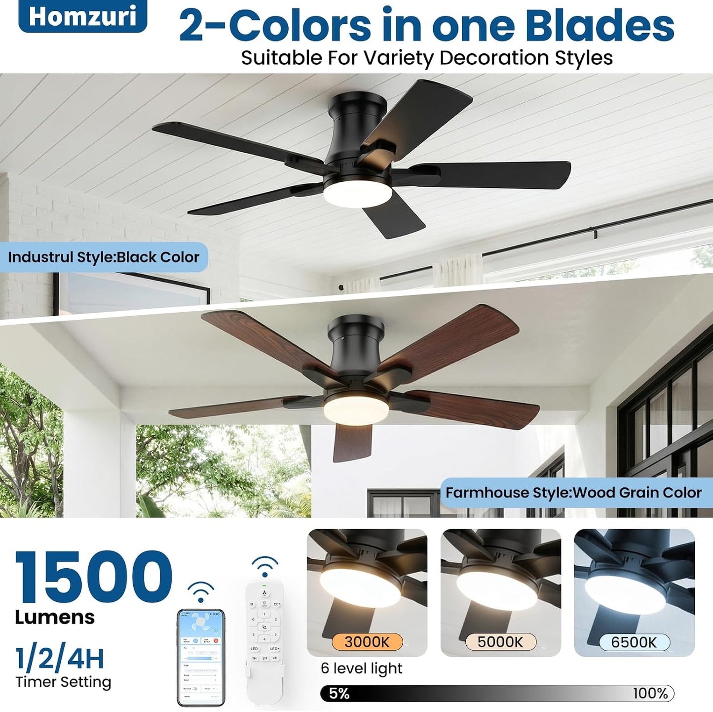 Ventilador techo 52pulg luz LED negro motor CC reversible
