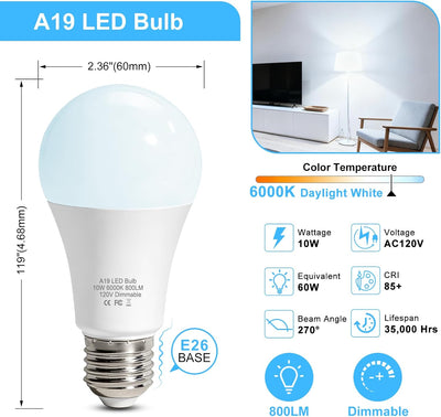 Pack 3 Bombillas LED A19 Regulables 10W Luz Blanca 6000K
