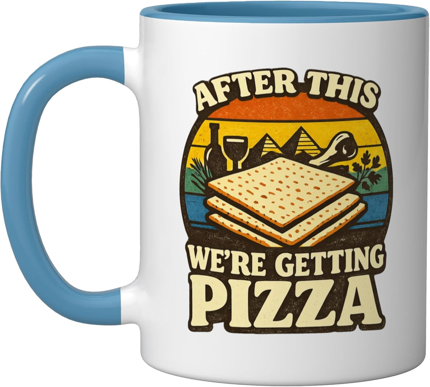 Taza cerámica judía para Pascua con diseño de pizza azul/blanco