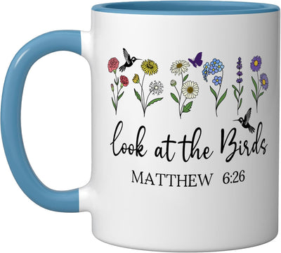 Taza cerámica versículo bíblico Mateo 6:26 Azul/Blanco