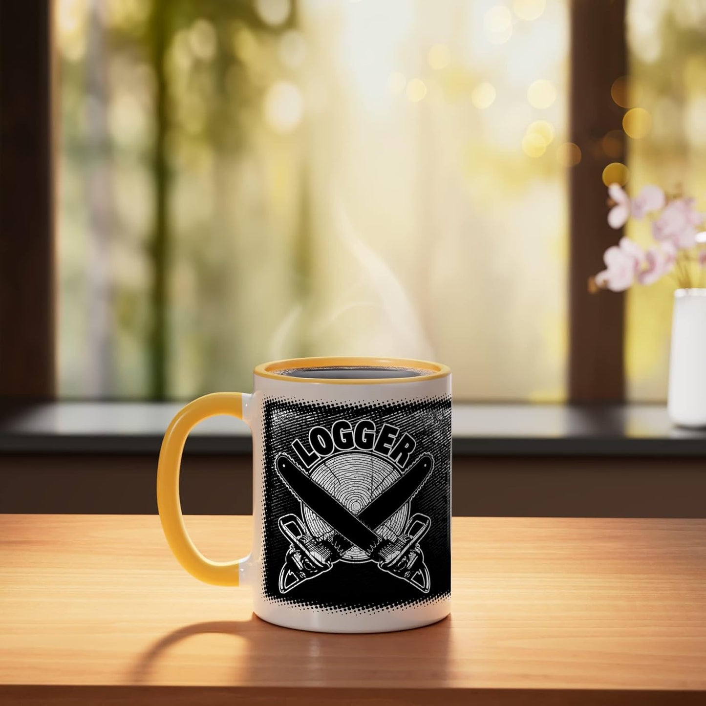 Taza Cerámica con Cadena de Sierras y Tronco Amarillo/Blanco