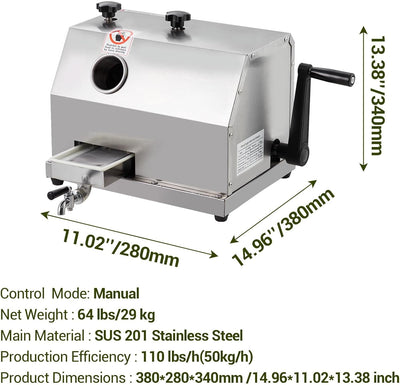 Exprimidor manual caña azúcar acero inox 3 rodillos 110lbs/h