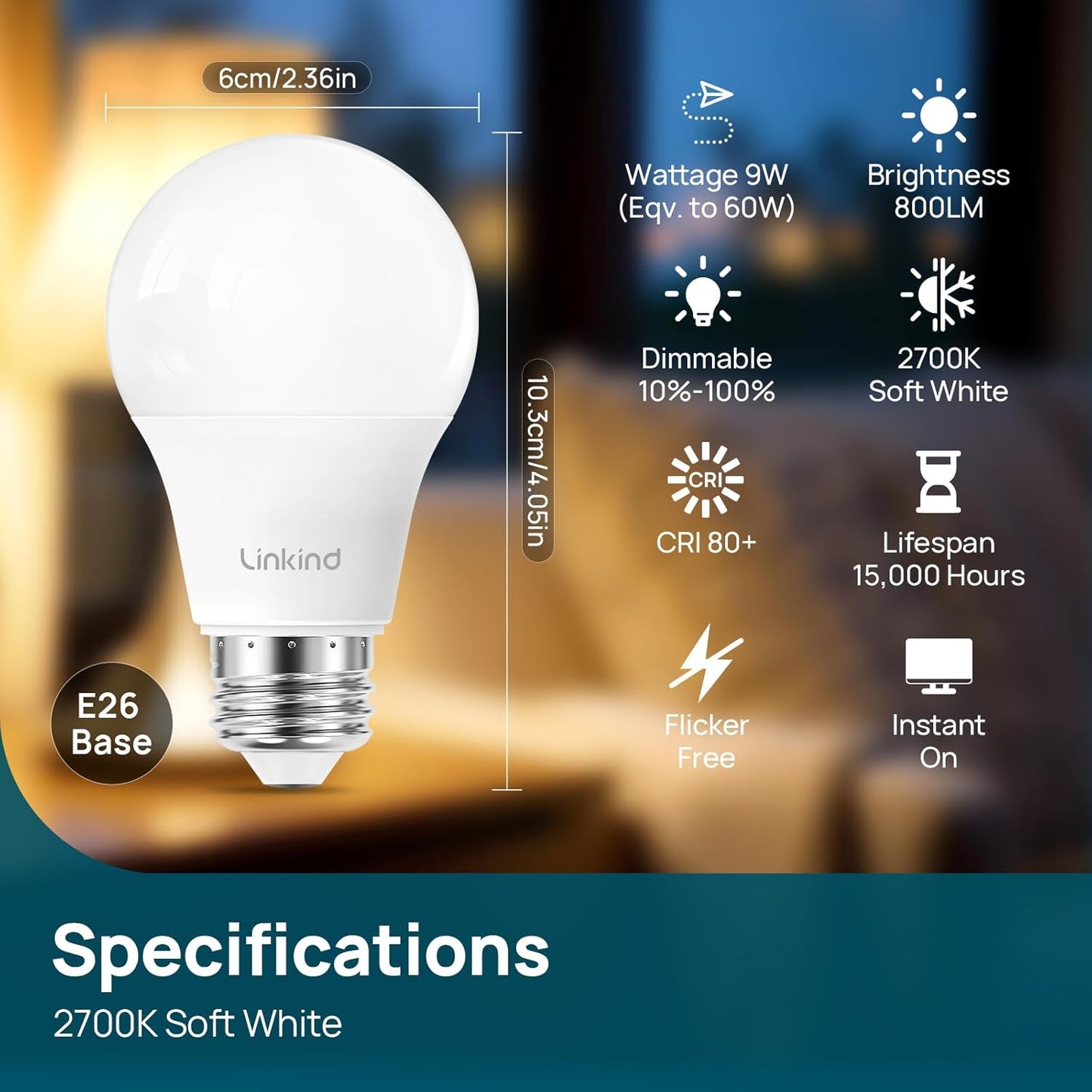 Bombilla LED A19 9W 2700K blanco suave E26 para dormitorio