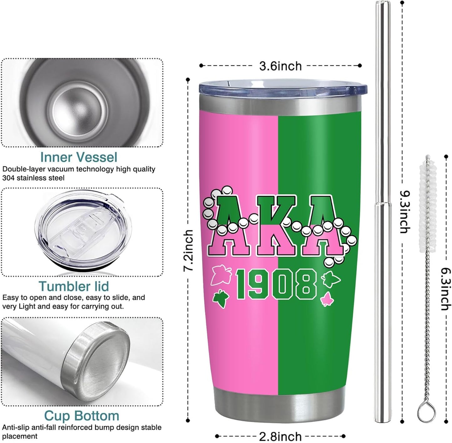 Taza viaje acero inox 20oz con tapa y pajita rosa y verde