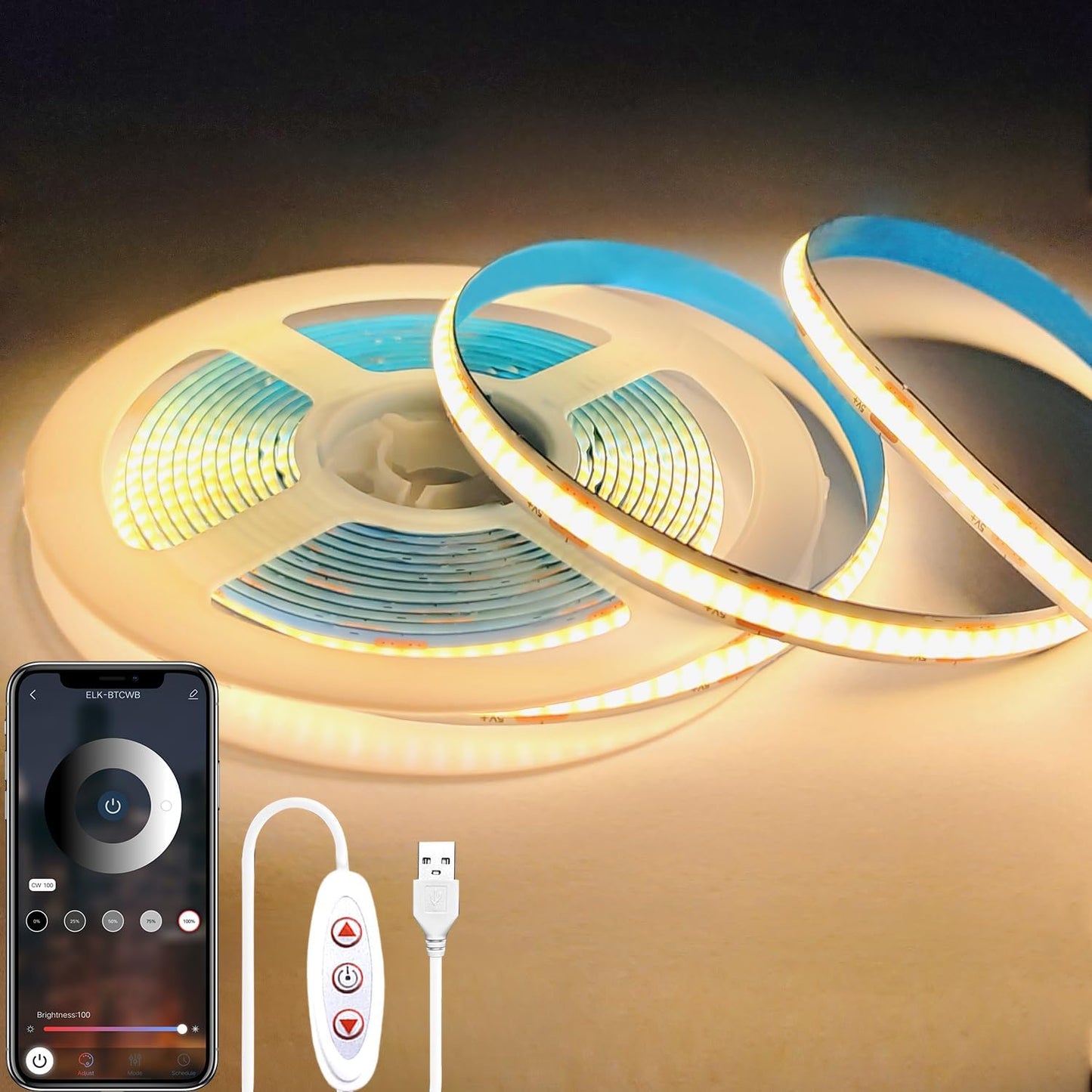 Tira luces LED 6.6pies 3000K USB regulable blanca cálida