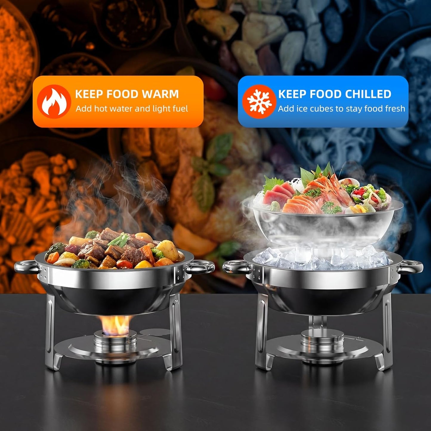 Set 4 Platos Bufé Acero Inox 6qt Redondos