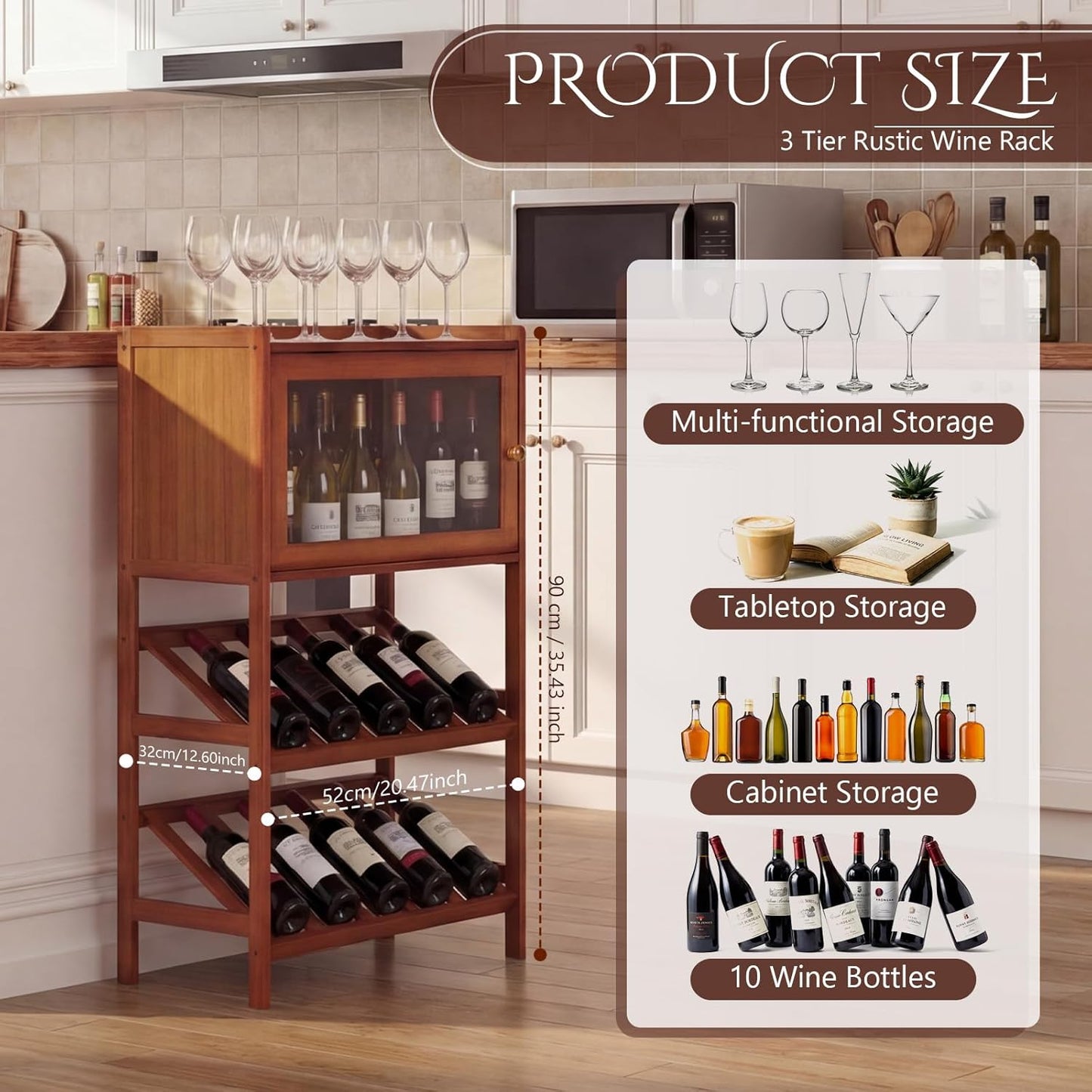 Estante de vino rústico 3 niveles con mesa y armario