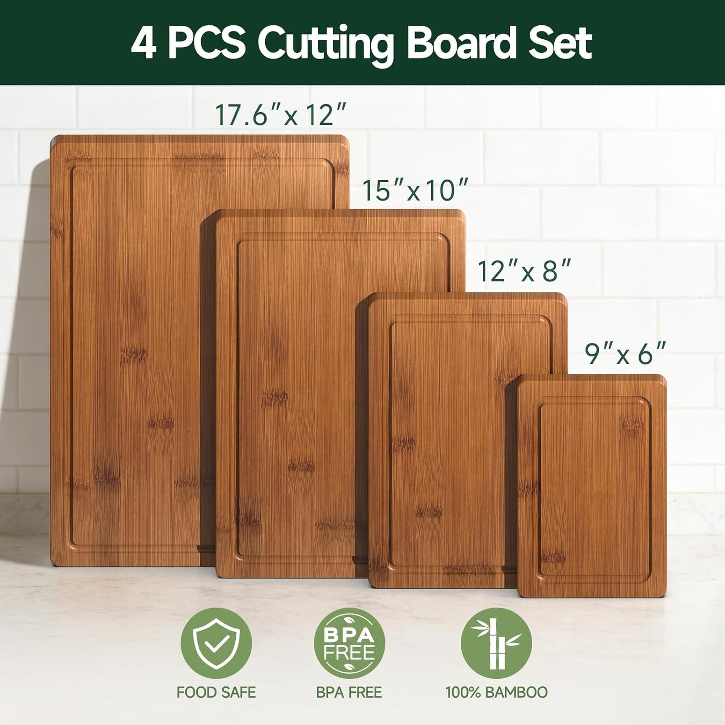 Juego de 4 tablas de cortar de bambú y madera resistente con ranuras para jugos y bloque de carnicero