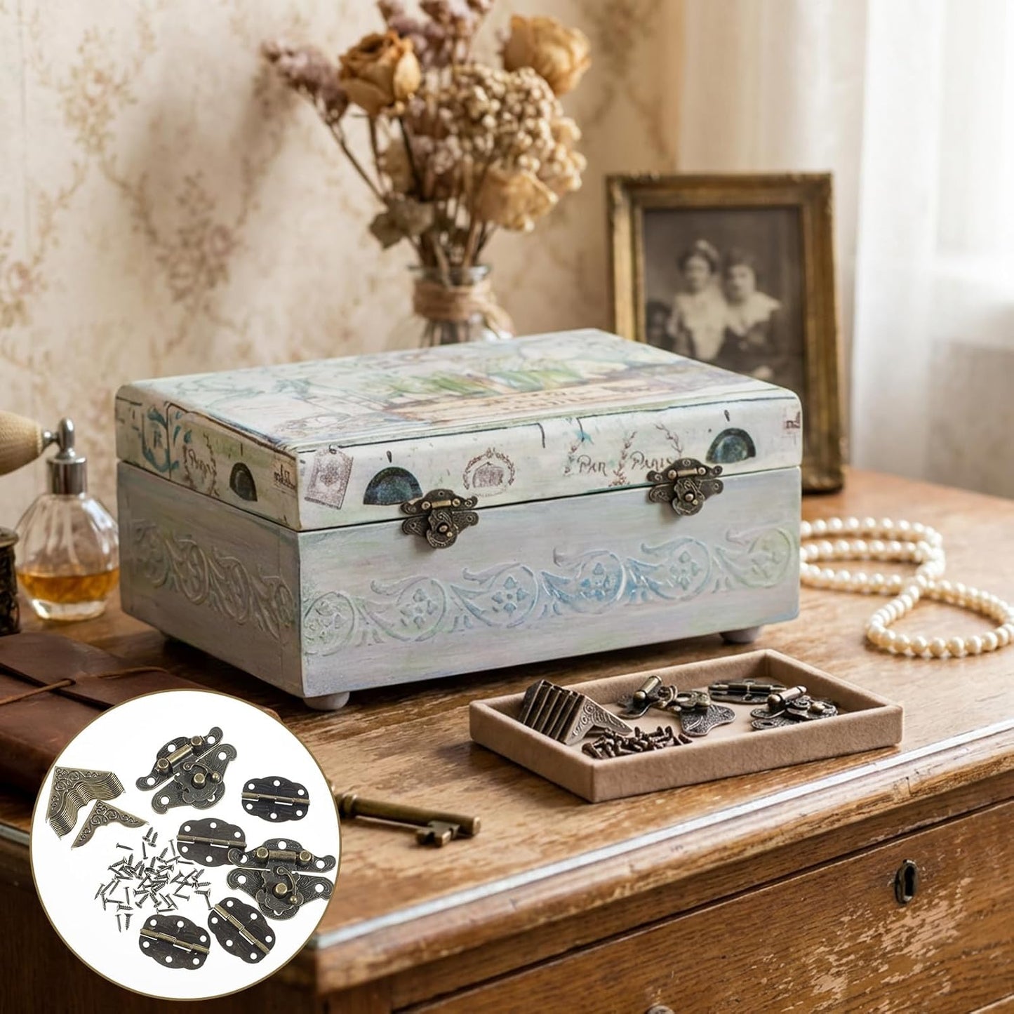 Set 2 Cierres Grabados Bisagras Pequeñas para Cajas Madera