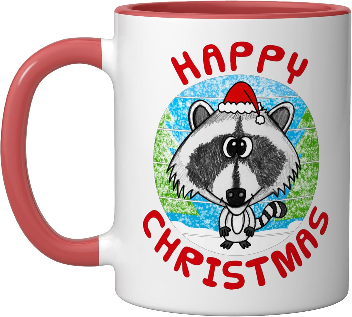 Taza navideña de cerámica Raccoon roja y blanca