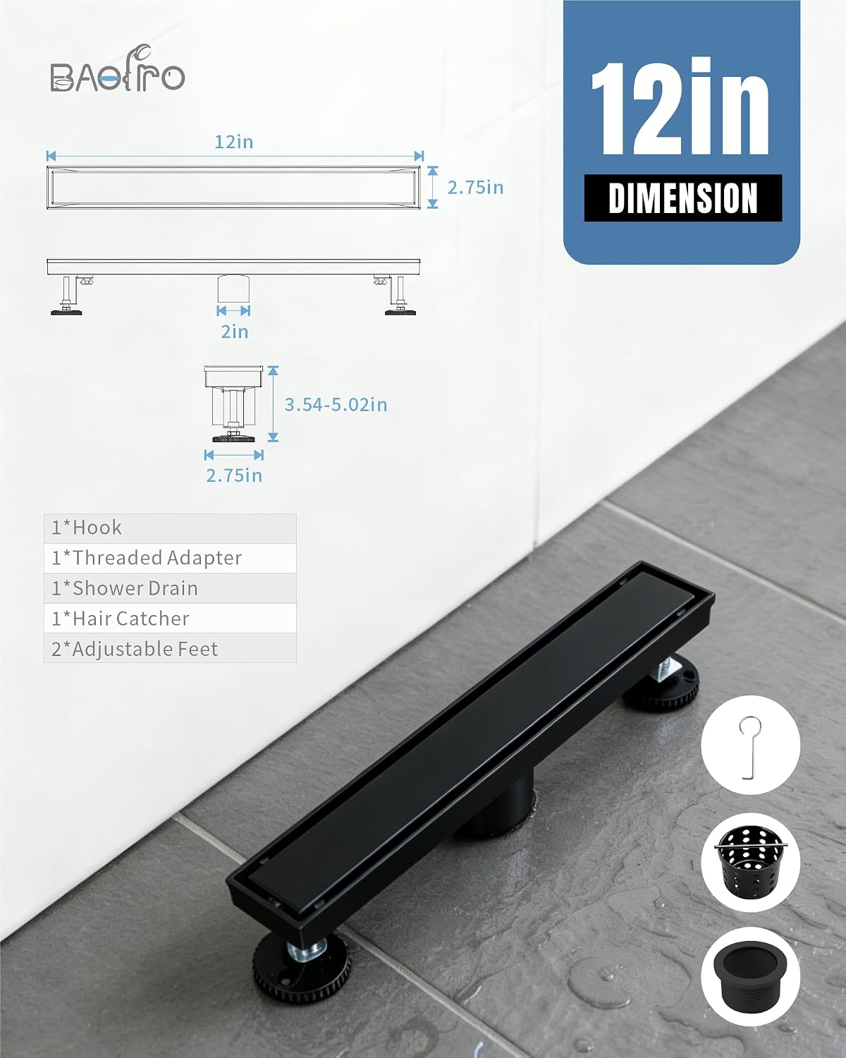 Drenaje ducha negro mate 12pulg acero inox 304 con atrapa cabello