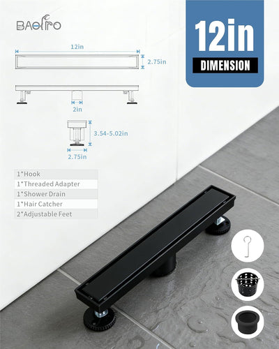 Drenaje ducha negro mate 12pulg acero inox 304 con atrapa cabello