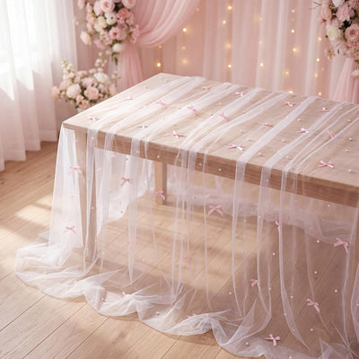 Camino de mesa con lazo de perlas y encaje de tul para bodas y eventos