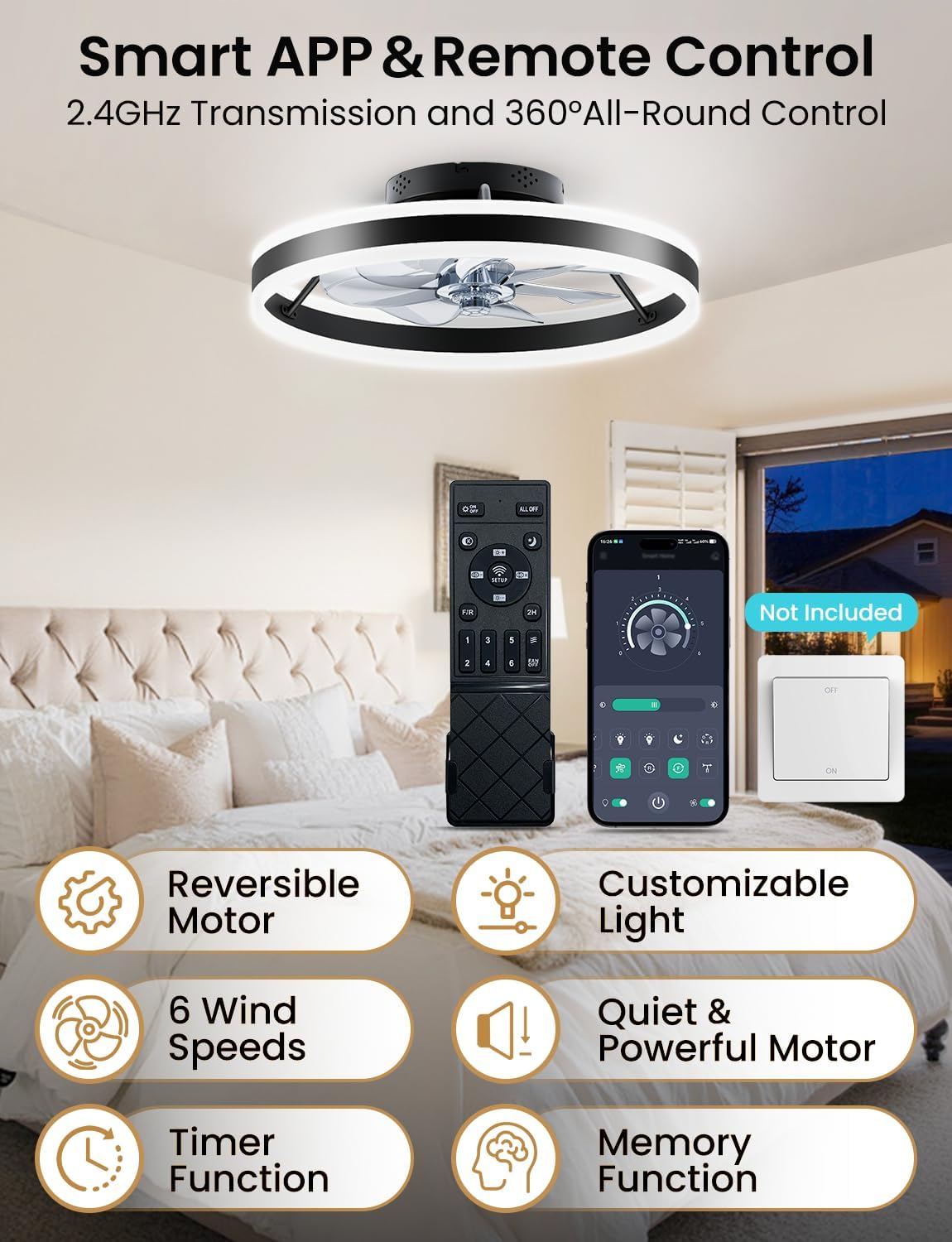 Ventilador techo 20pulg luz LED control remoto 6 vel