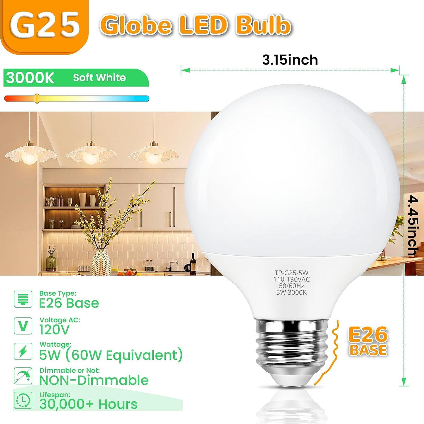 Bombillas LED G25 redondas baño 3000K E26 pack 4