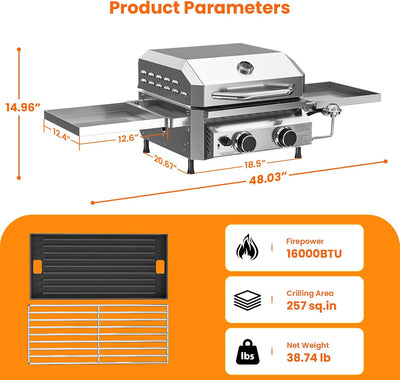 Parrilla gas mesa doble quemador acero inox 304 estantes dobles