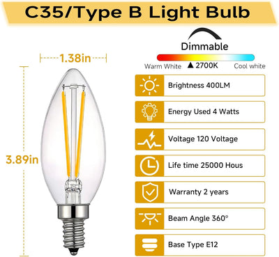 Bombilla LED B11 E12 filamento 2700K vidrio transparente