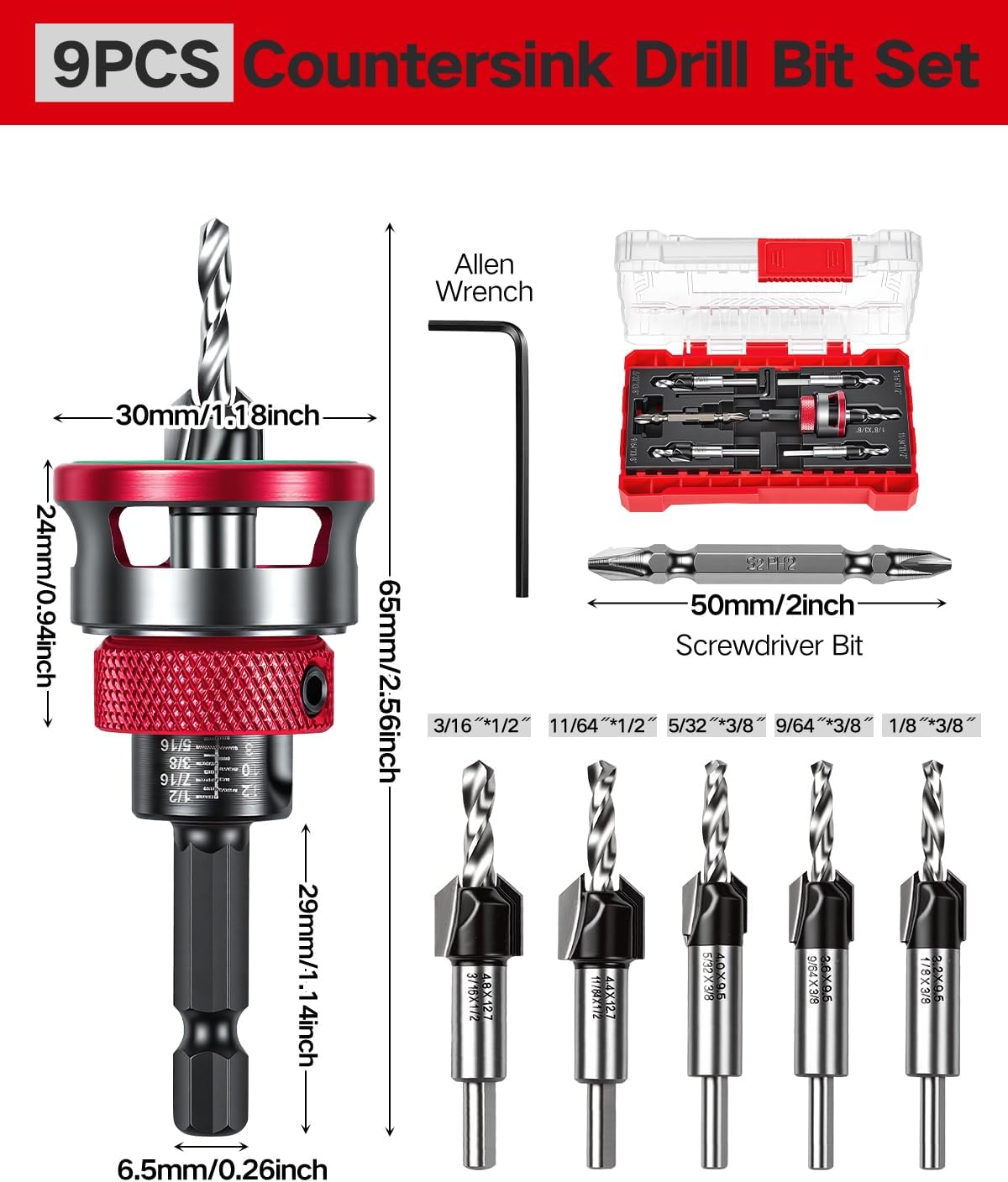 Set 9 Brocas Avellanadoras TCT Collar Profundidad Carpintería