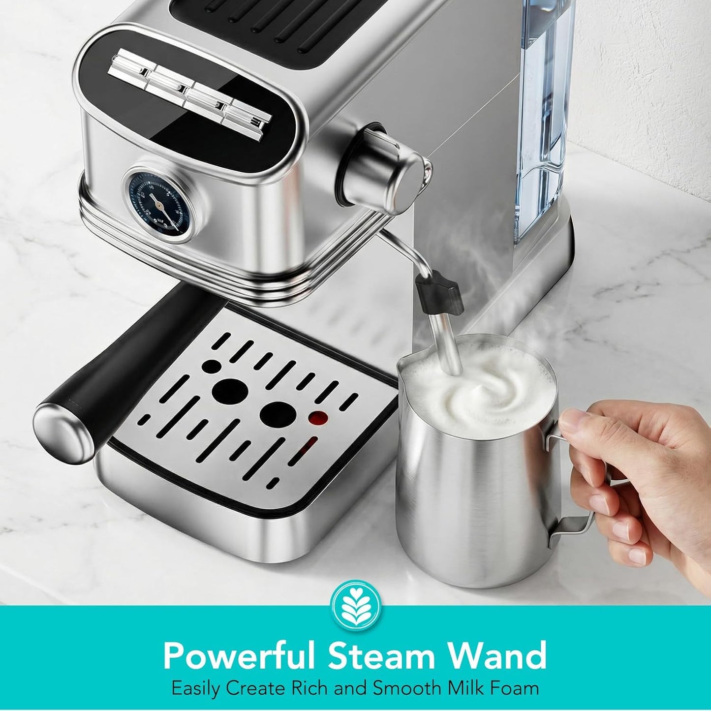 Cafetera Espresso Acero Inox 20 Bar Espumador Leche Compacta